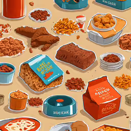 the box is filled with some very tasty food,an illustration of food and drinks is depicted on a surface
