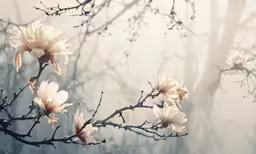 flowers are blooming on a tree branch in the forest