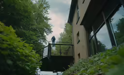 a man standing on a porch above trees