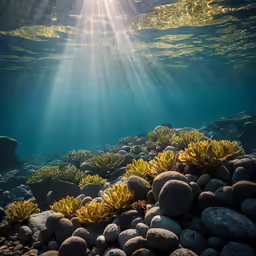 sunlight shining over rocks and plants in the ocean
