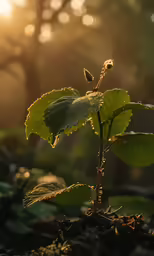 a small plant is on the ground with bright sunlight behind it
