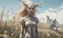 a woman with horns standing on rocks near some weeds