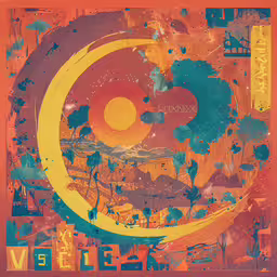 digital painting art work of a circular shaped sun,colorful poster with a circle and a sun design