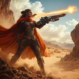 man in the desert holding a gun and pointing at something