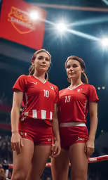 two female volleyball players posing for the camera