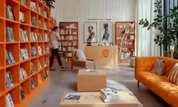 an orange library with wooden shelves and chairs