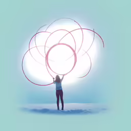 a woman holds the strings of an intricately designed object