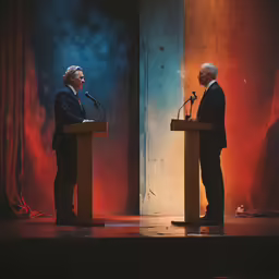 two men standing at podiums and talking into microphones