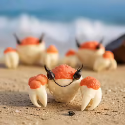 tiny orange and white crabs on the sand