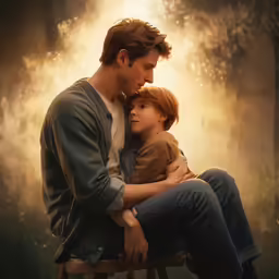 a young man and woman sitting next to each other in front of trees