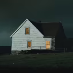 an old white farmhouse is lit up in the evening