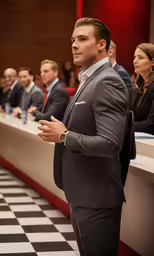 a man in a black suit in front of a long line of people
