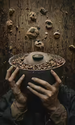 a person with their hands covering up a pot full of food