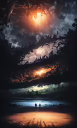 people walking near the water under tree lights