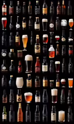 a black background with lots of different glasses and bottles