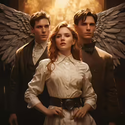 three people standing near each other with angel wings