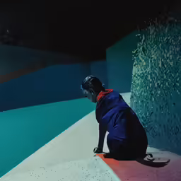 a person wearing a helmet and kneeling on a skateboard