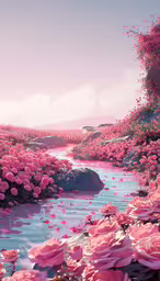 pink flowers that are growing on the shore,beautiful scenery with pink flowers floating by the water