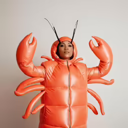 a child with a very large lobster suit