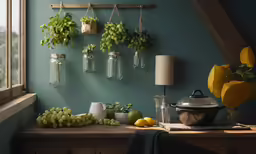 a table is holding green plants and bottles