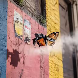 a large orange and black butterfly flying over a building