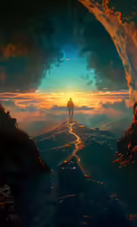 a painting of a man walking down a road