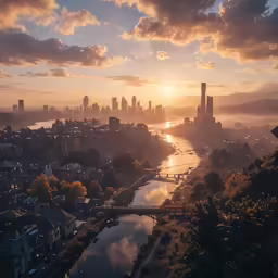 an aerial view of a city and river during sunset