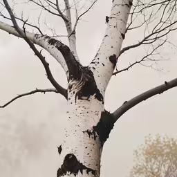 a photo of a bare tree, with a lot of gray on the leaves