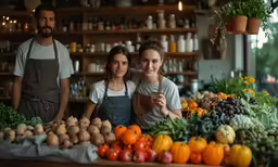 two people smiling while standing behind a table of vegetables