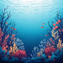 sea plants and fishes are in the ocean with blue water