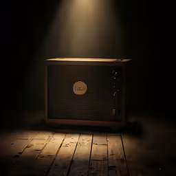 a large old radio on a wood floor at night