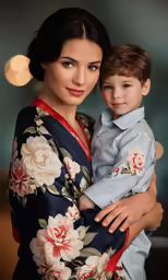 the woman holds the boy in the picture