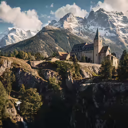 a beautiful photo of an old church in the mountains