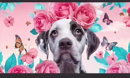 a dog in a painting with flowers on it