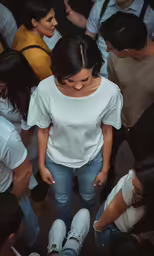 a woman standing among a crowd of people in white shirt and jeans