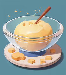 there is a bowl of ice cream and butter cubes,a bowl of cheese with a brown wooden spoon in it