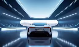 the rear end of a white sports car in a tunnel