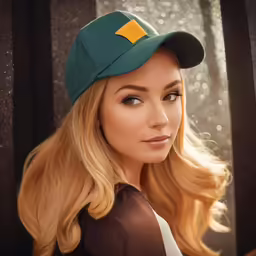 a woman with blonde hair wearing a green cap