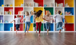 a family that is playing in front of bookshelves