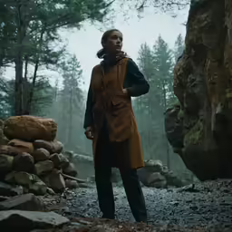 the girl in the red jacket is standing next to some rocks
