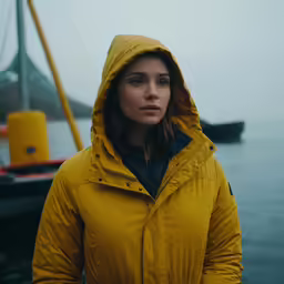 a woman in yellow jacket by the water