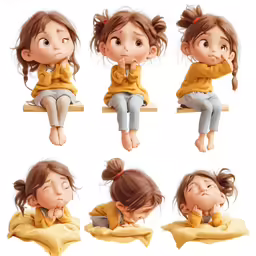 various poses and expressions of a little girl in different positions