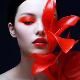 the woman has red petals around her face