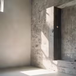 an empty room with a concrete wall and a small door