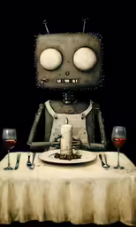 a little robot sitting at a table with a candle on it