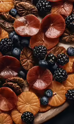 some blueberries are sitting on a plate and other fruit