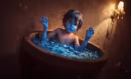 a young boy is in the tub while playing with toys