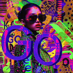a woman with glasses on, standing in front of a poster that reads go,a girl in shades and shades on a psychedelic background