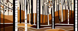 a painting of trees and mountains with an orange sky in the background,a painting with a photo of trees without leaves