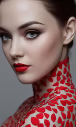 the young woman is wearing a red dress